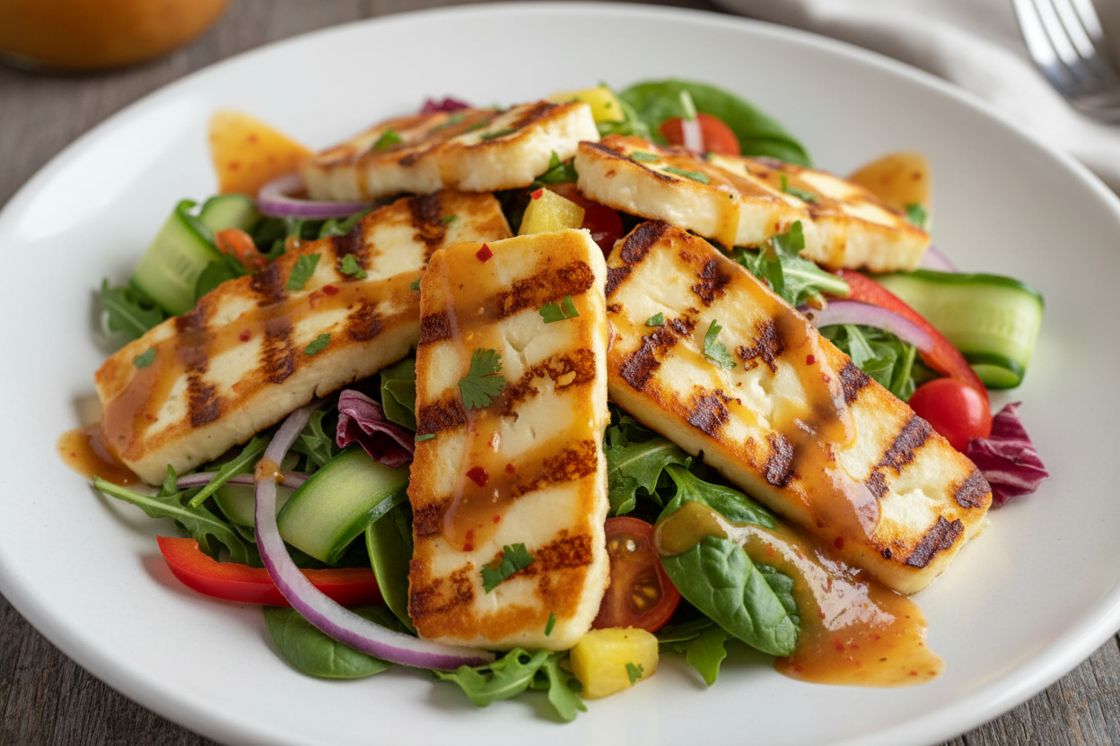 Salad with grilled halloumi cheese on a white plate