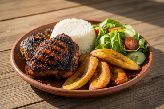 Jerk Chicken with white rice, fried ripe plantain and tossed salad