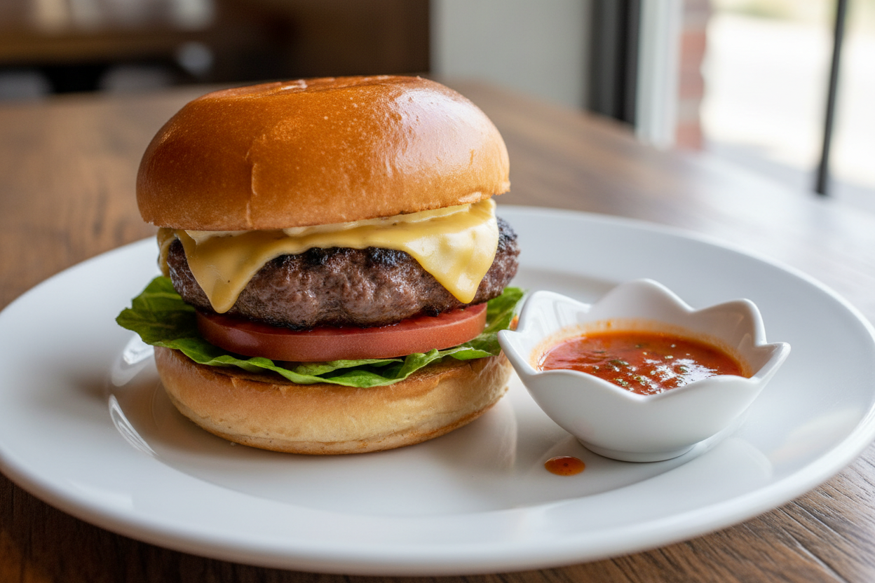 Beef burger with gourmet scotch bonnet sauce on the side